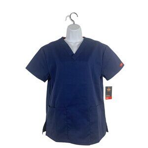 Dickies Womens Top Medical Nursing Blue Scrub V-Neck Short Sleeve Pocket Size XS